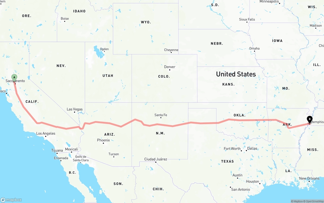 Shipping route from Sacramento International Airport to Memphis