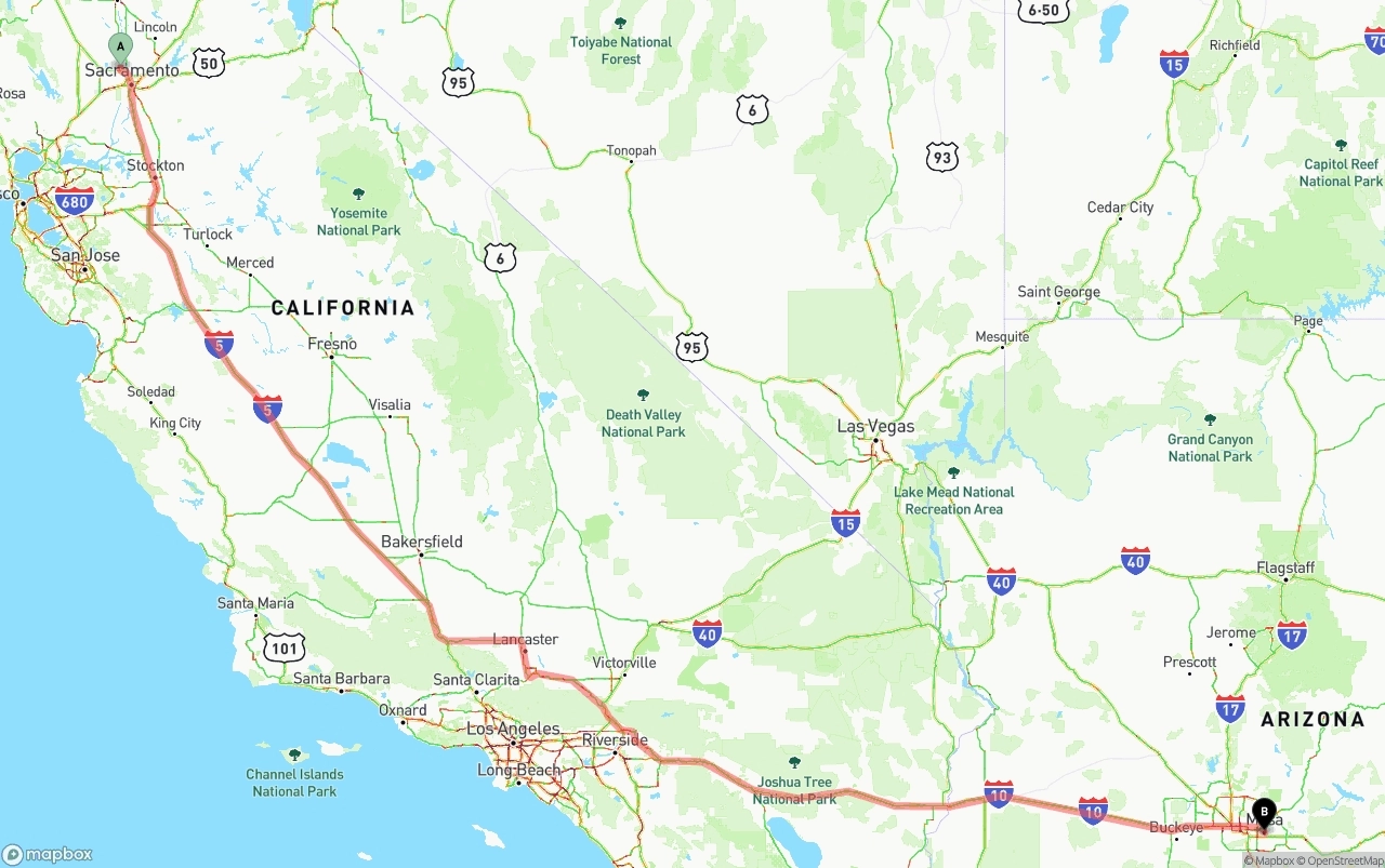 Shipping route from Sacramento International Airport to Mesa