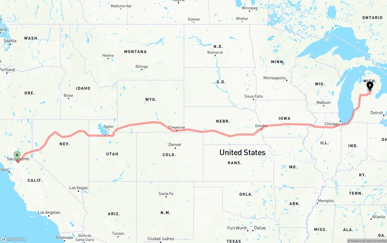 Shipping route from Sacramento International Airport to Michigan
