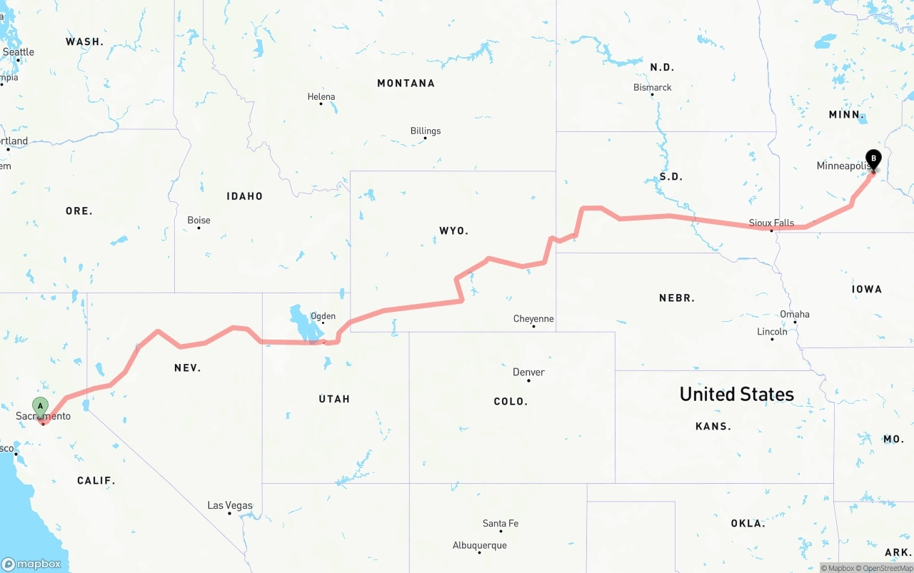 Shipping route from Sacramento International Airport to Minneapolis