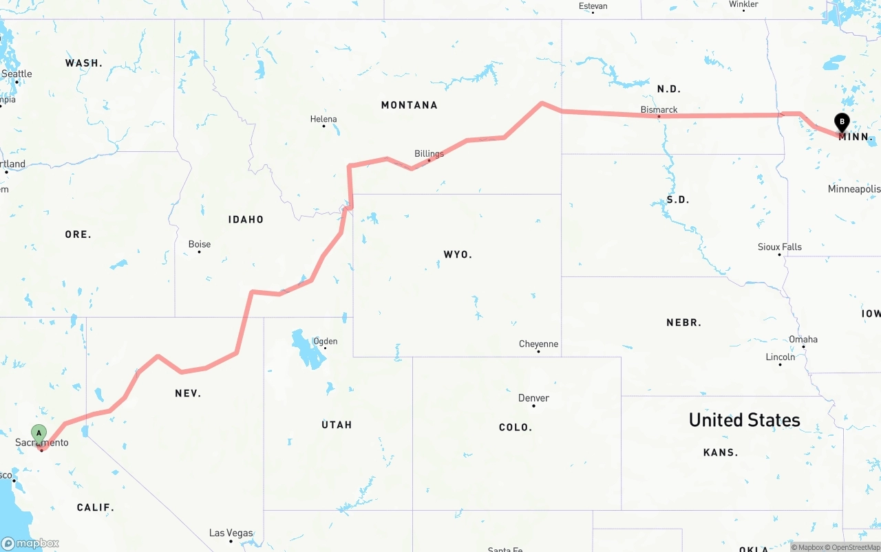 Shipping route from Sacramento International Airport to Minnesota