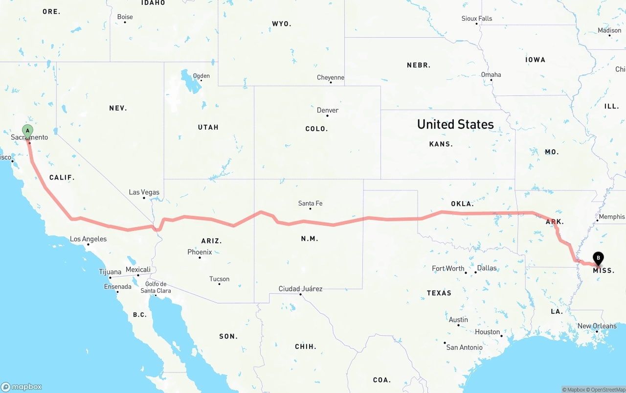 Shipping route from Sacramento International Airport to Mississippi