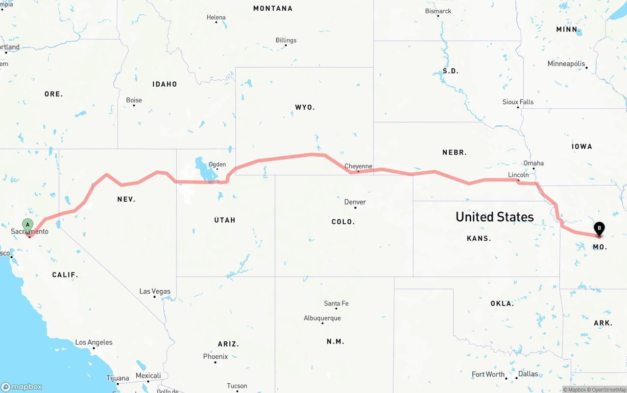 Shipping route from Sacramento International Airport to Missouri