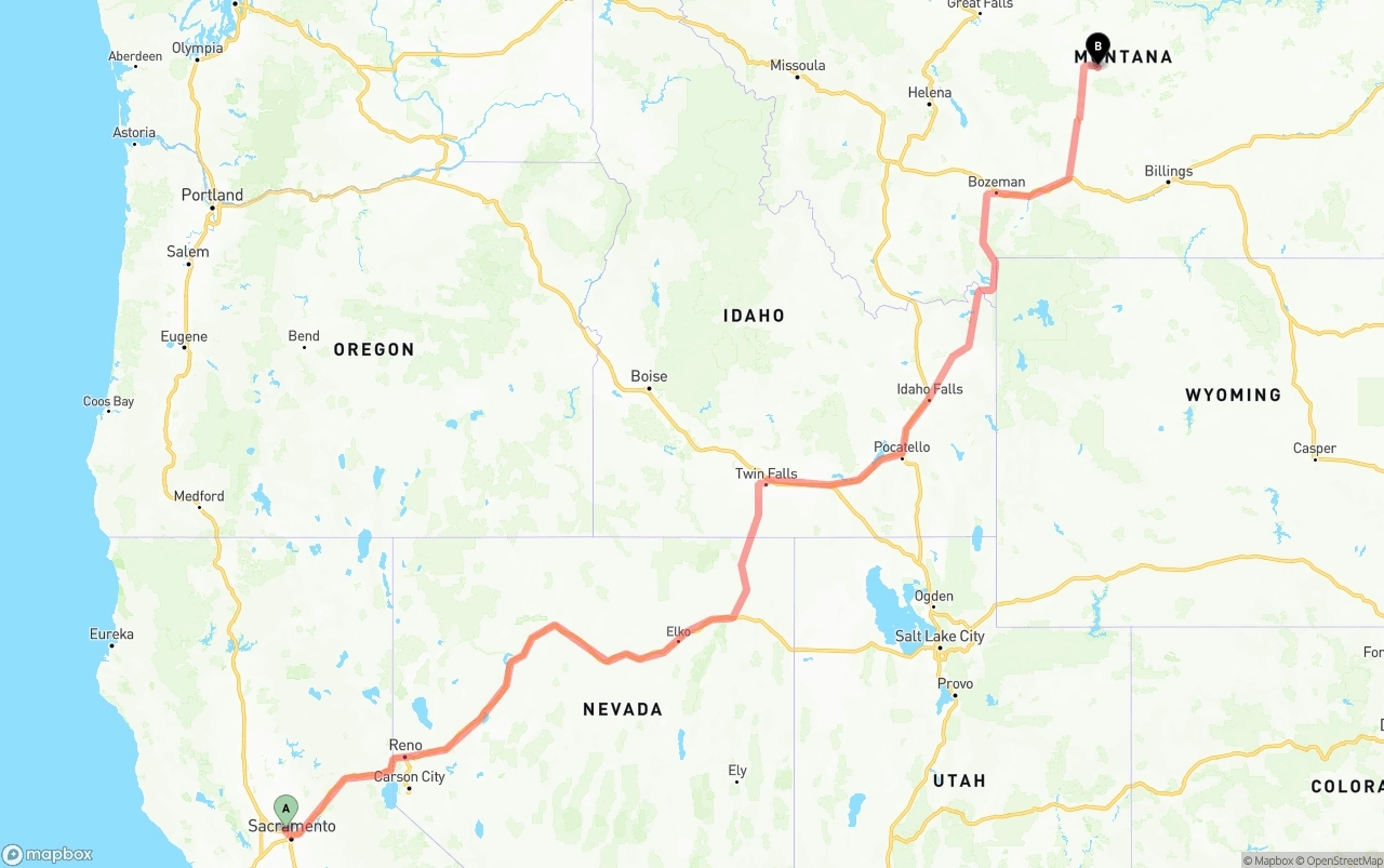 Shipping route from Sacramento International Airport to Montana