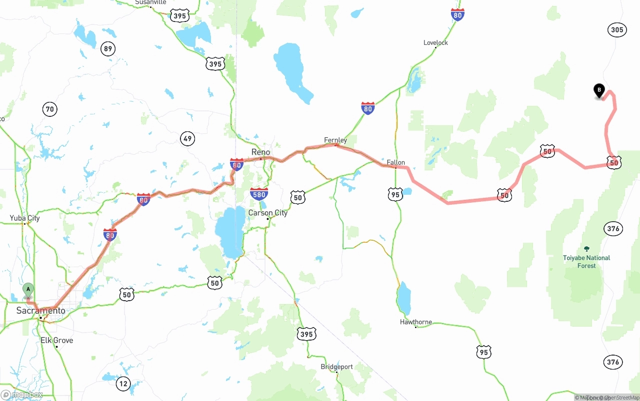 Shipping route from Sacramento International Airport to Nevada