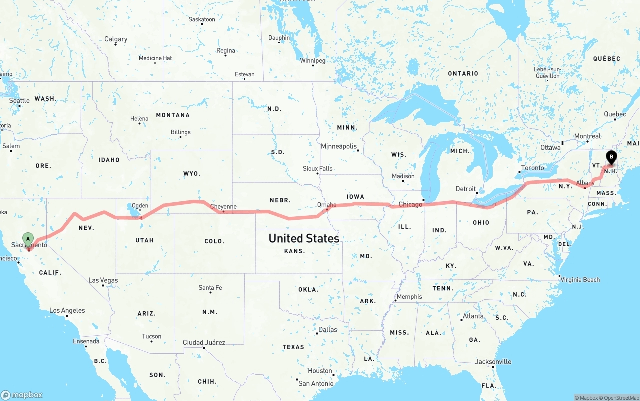 Shipping route from Sacramento International Airport to New Hampshire