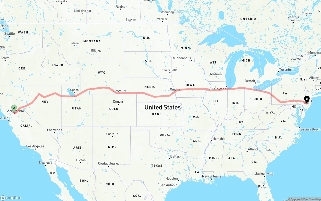 Shipping route from Sacramento International Airport to New Jersey