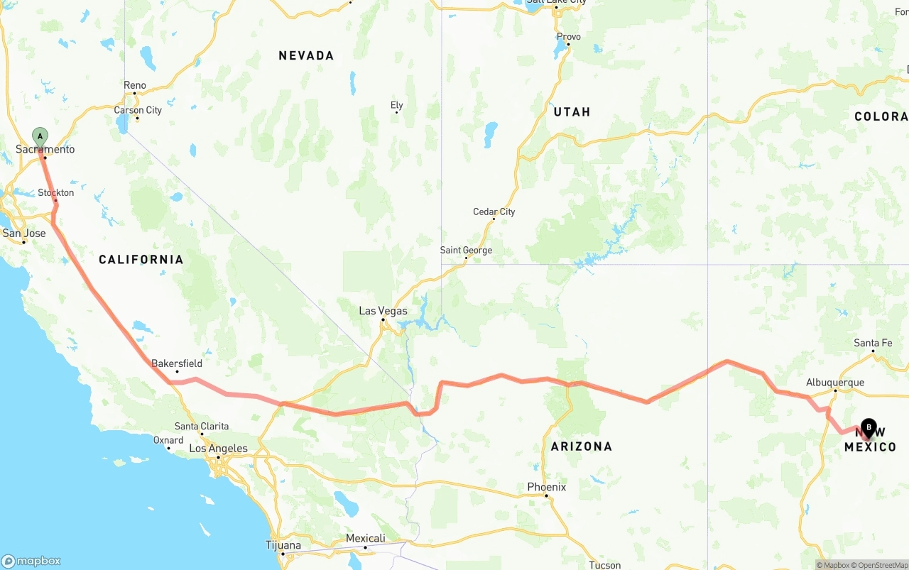 Shipping route from Sacramento International Airport to New Mexico