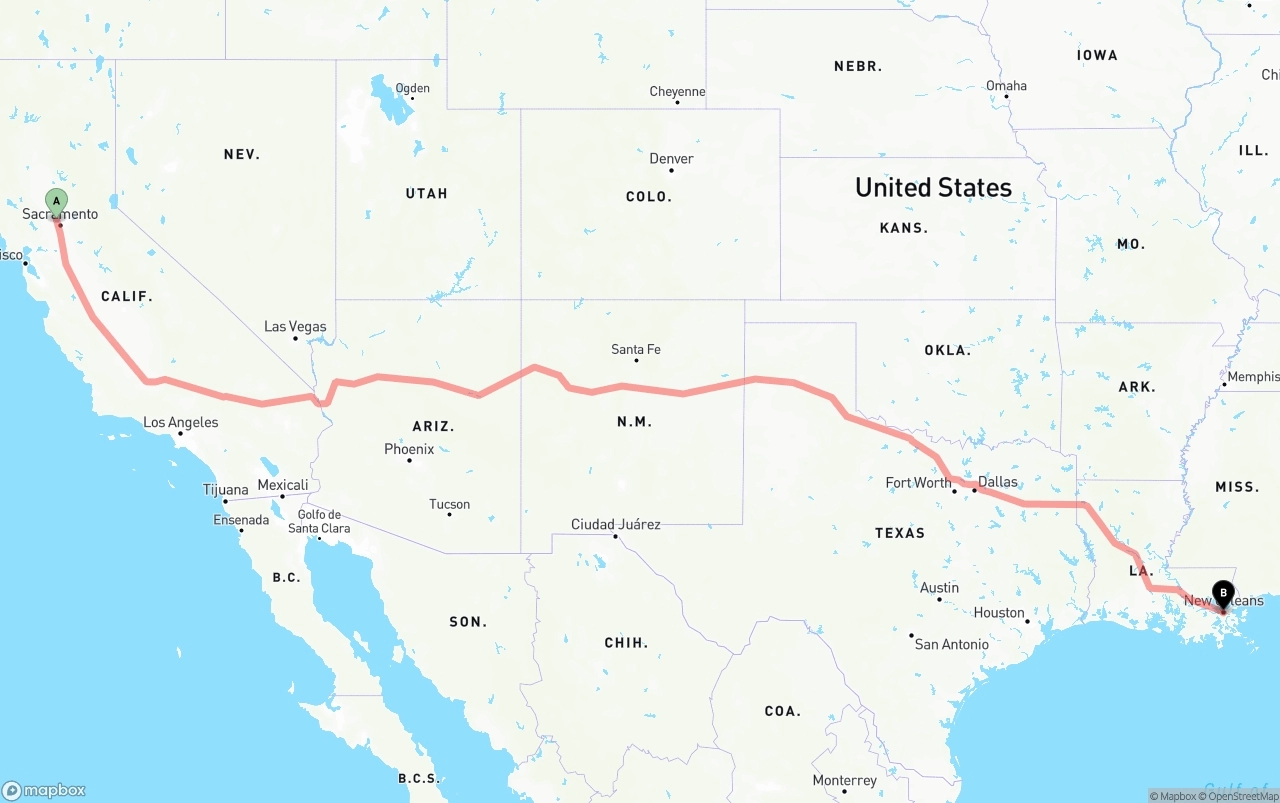 Shipping route from Sacramento International Airport to New Orleans