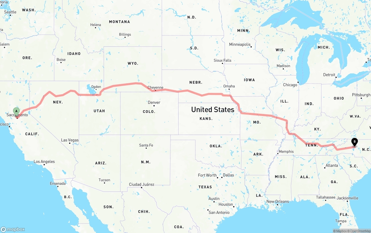 Shipping route from Sacramento International Airport to North Carolina
