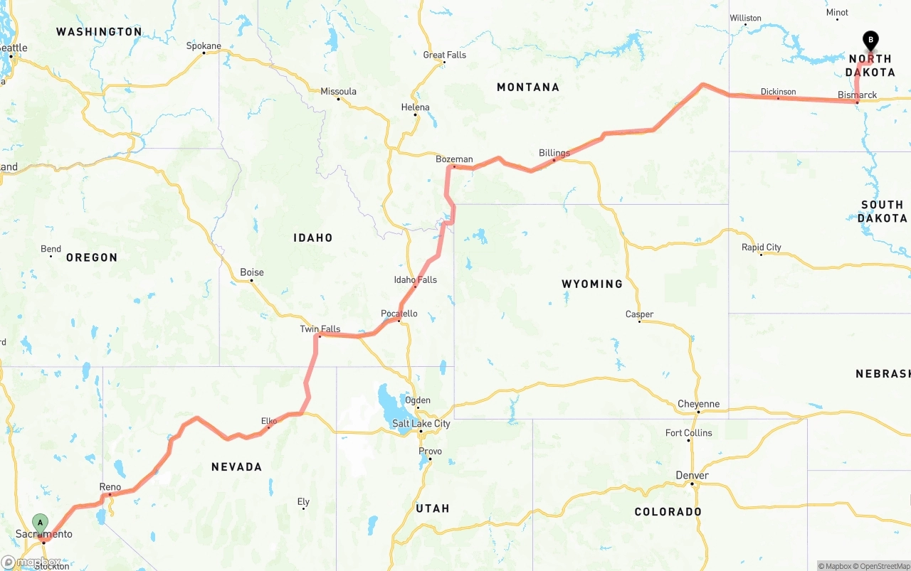 Shipping route from Sacramento International Airport to North Dakota