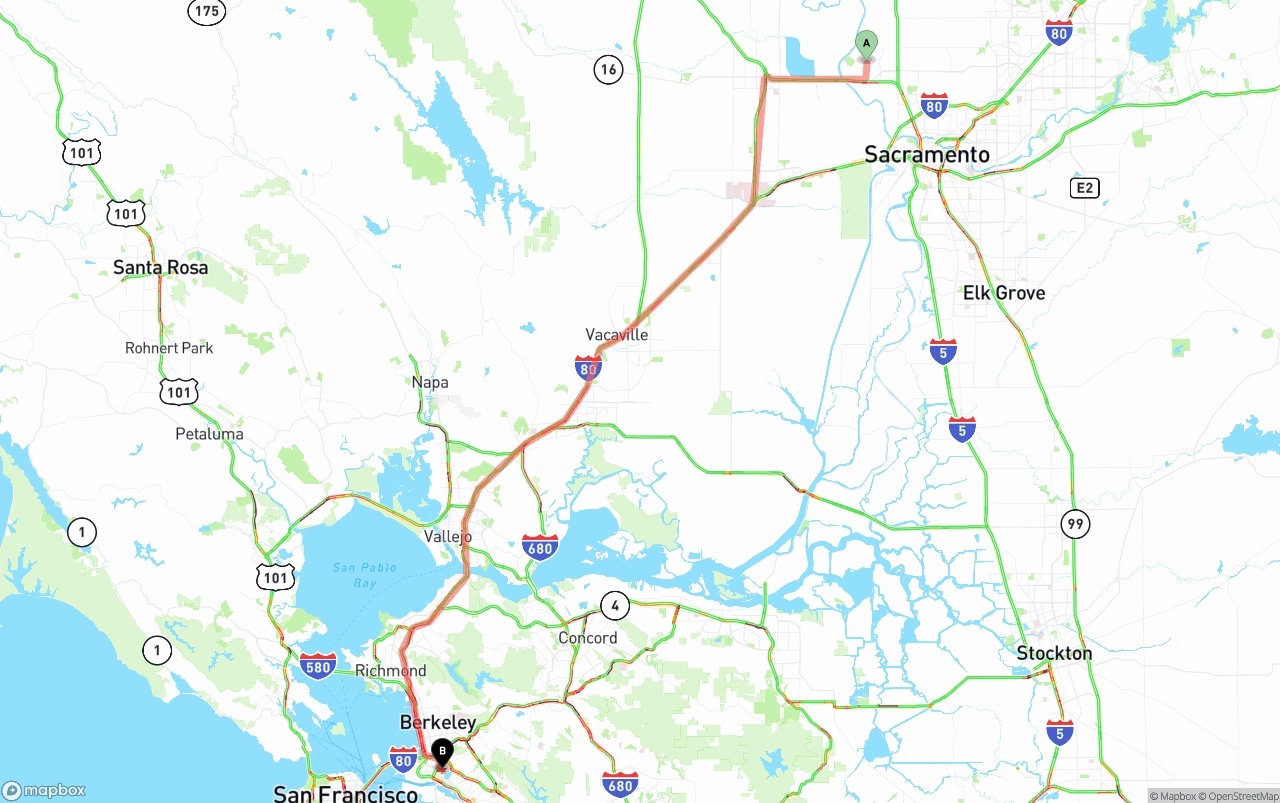 Shipping route from Sacramento International Airport to Oakland