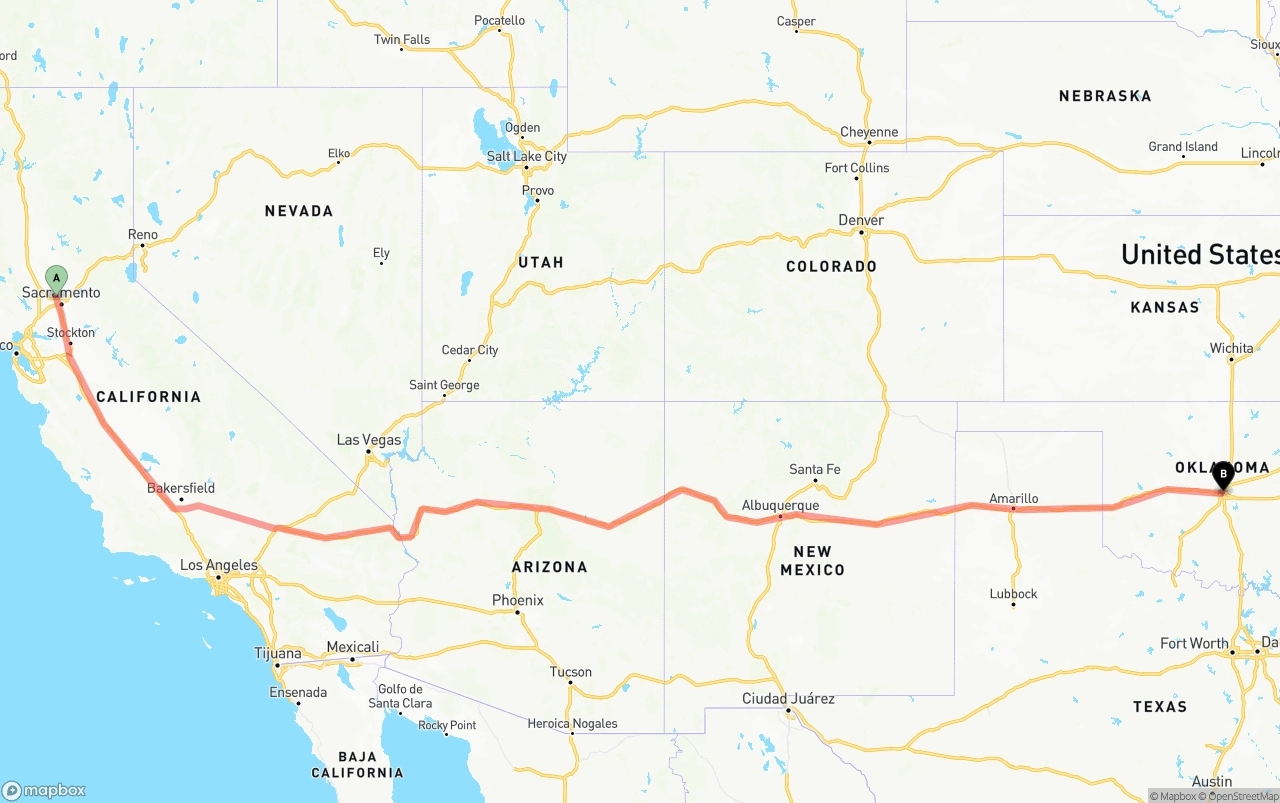 Shipping route from Sacramento International Airport to Oklahoma City