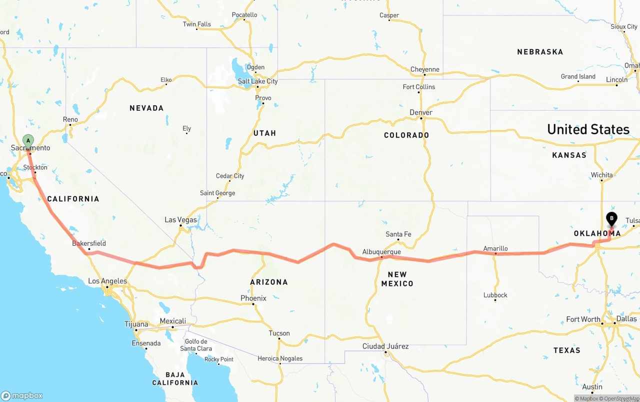 Shipping route from Sacramento International Airport to Oklahoma