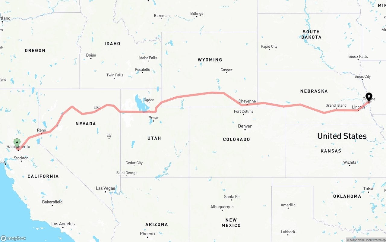 Shipping route from Sacramento International Airport to Omaha