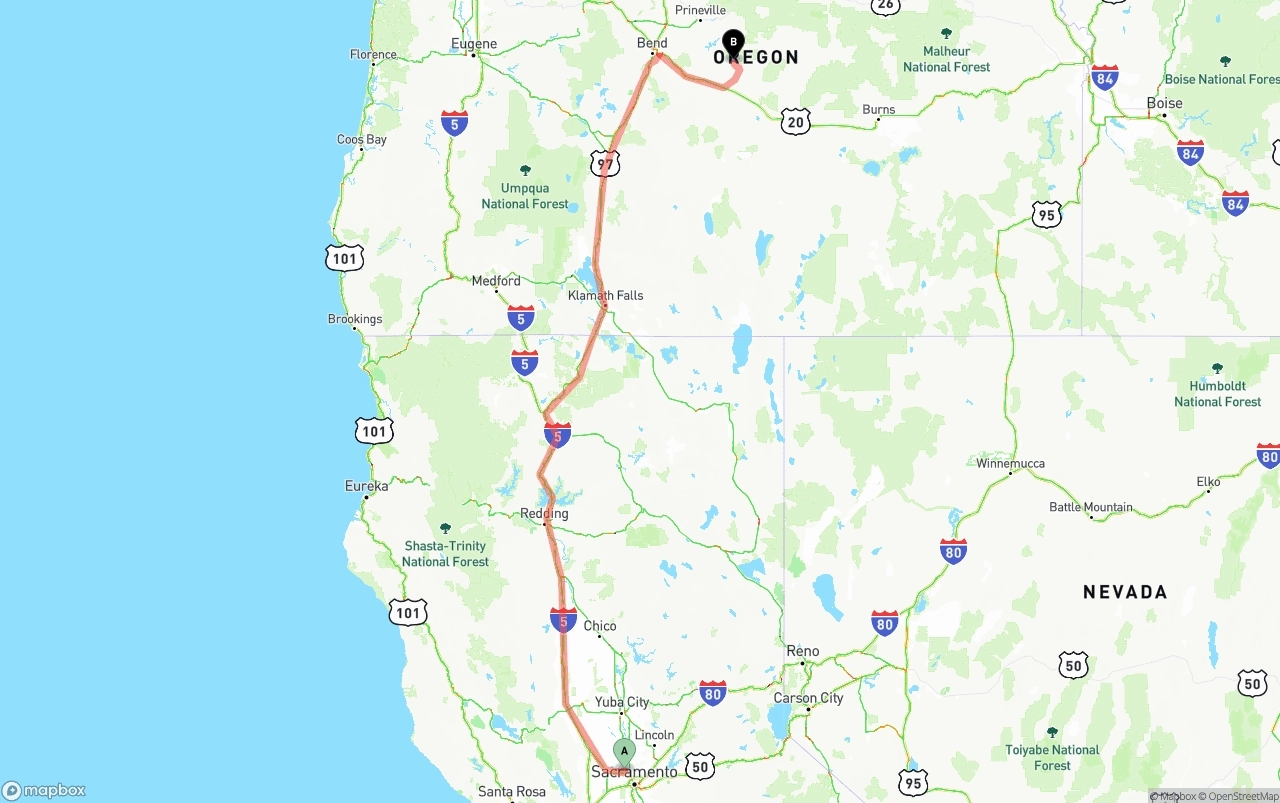 Shipping route from Sacramento International Airport to Oregon