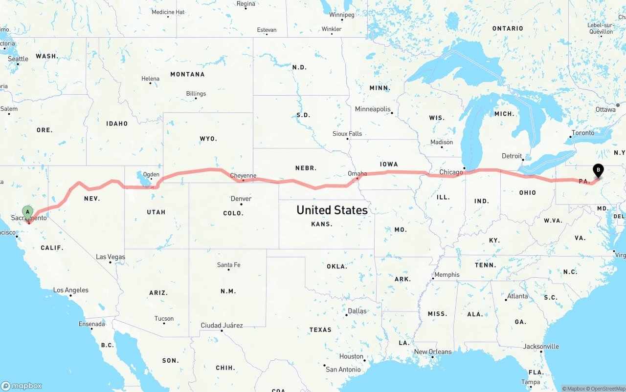Shipping route from Sacramento International Airport to Pennsylvania