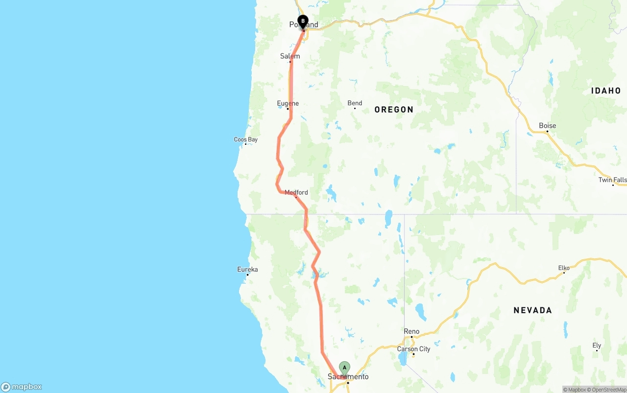 Shipping route from Sacramento International Airport to Portland