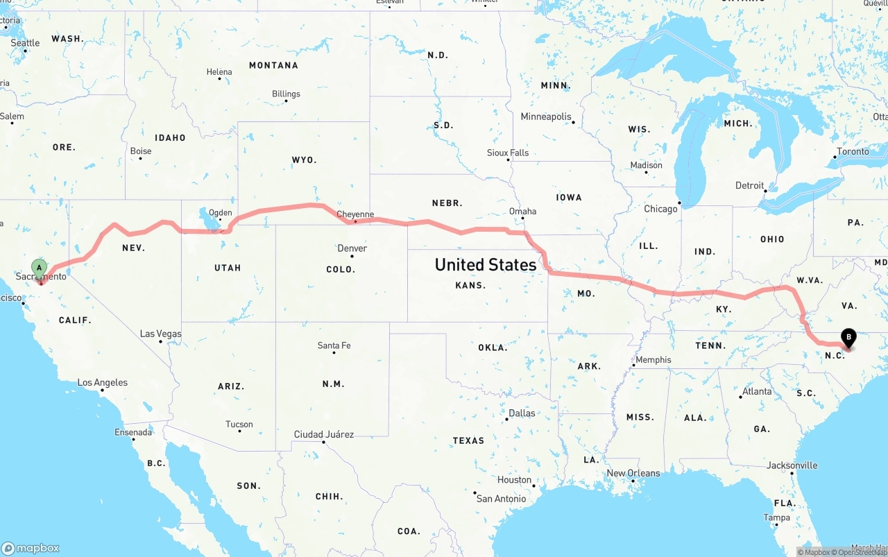 Shipping route from Sacramento International Airport to Raleigh