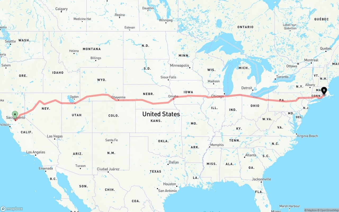 Shipping route from Sacramento International Airport to Rhode Island