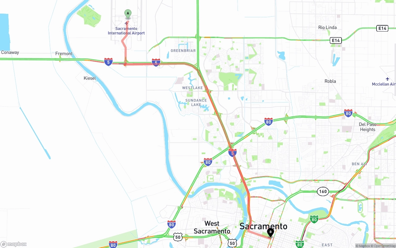 Shipping route from Sacramento International Airport to Sacramento