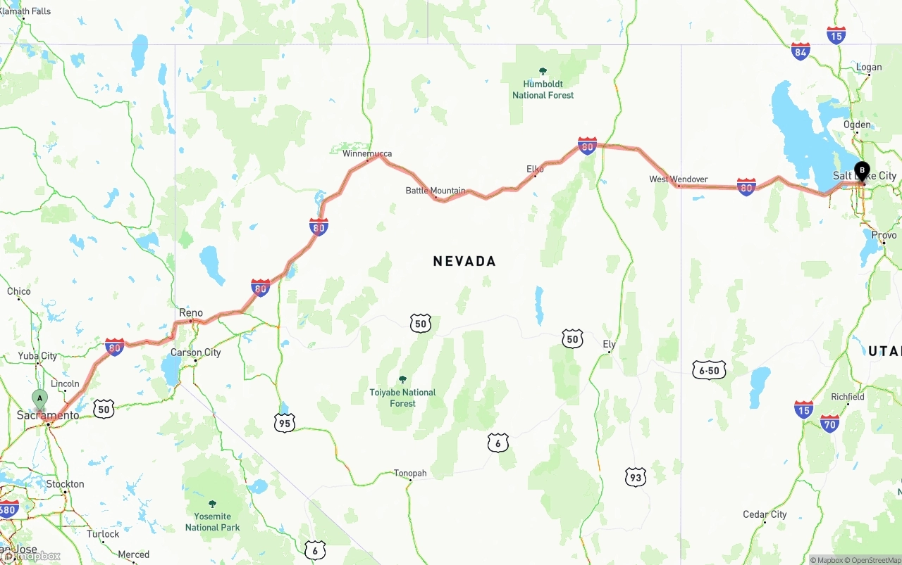 Shipping route from Sacramento International Airport to Salt Lake City