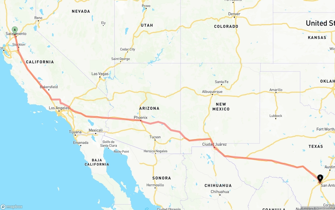 Shipping route from Sacramento International Airport to San Antonio