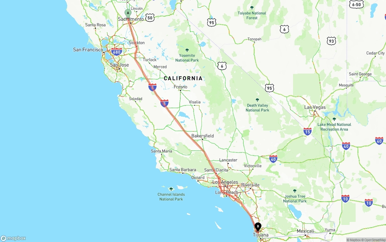 Shipping route from Sacramento International Airport to San Diego