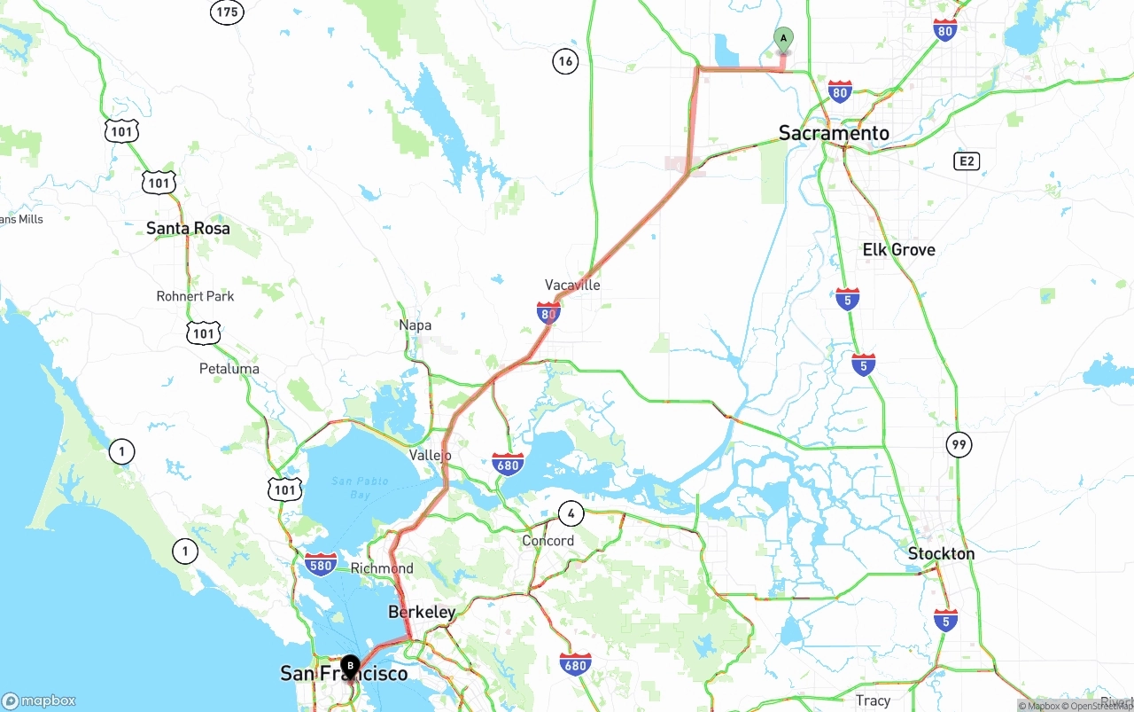 Shipping route from Sacramento International Airport to San Francisco