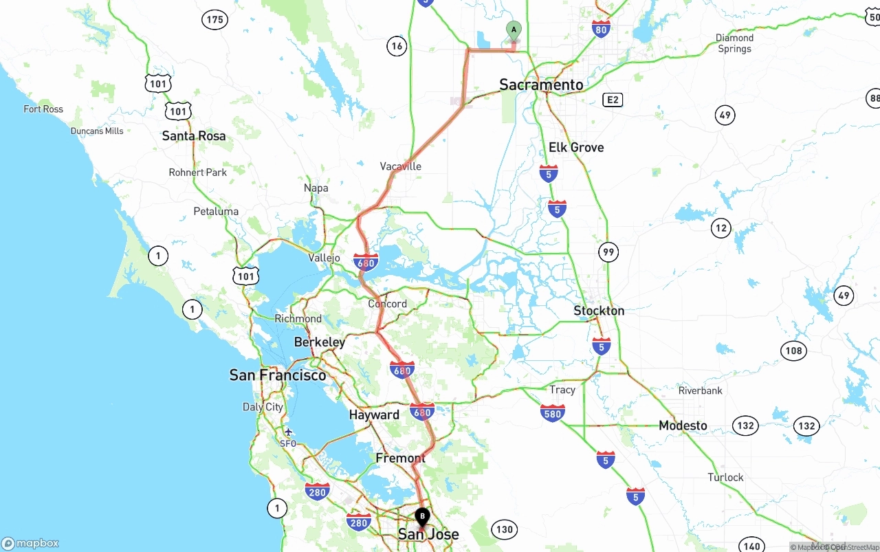 Shipping route from Sacramento International Airport to San Jose