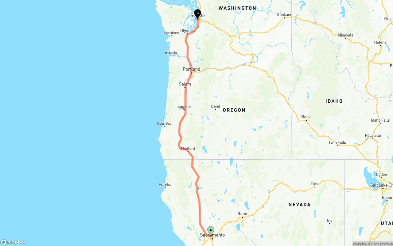 Shipping route from Sacramento International Airport to Seattle