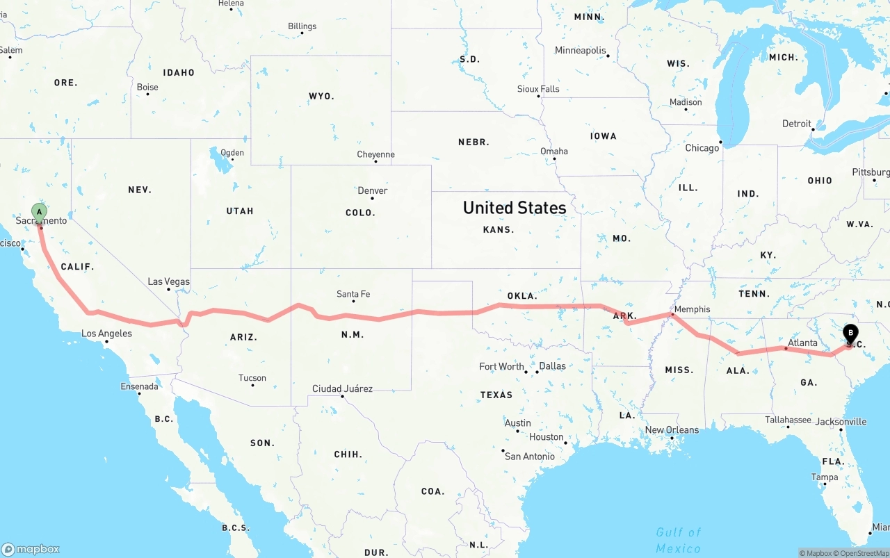 Shipping route from Sacramento International Airport to South Carolina