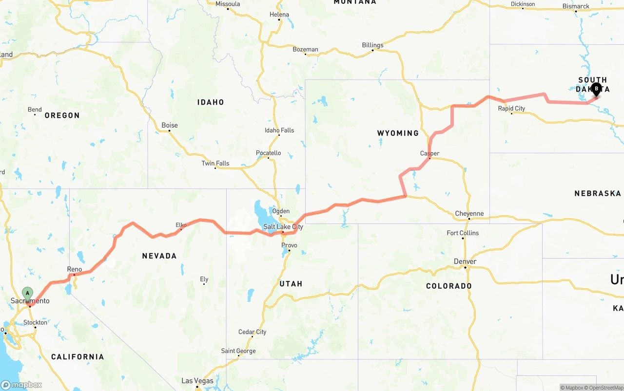 Shipping route from Sacramento International Airport to South Dakota