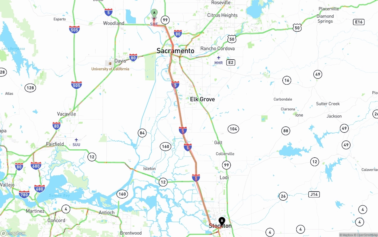 Shipping route from Sacramento International Airport to Stockton