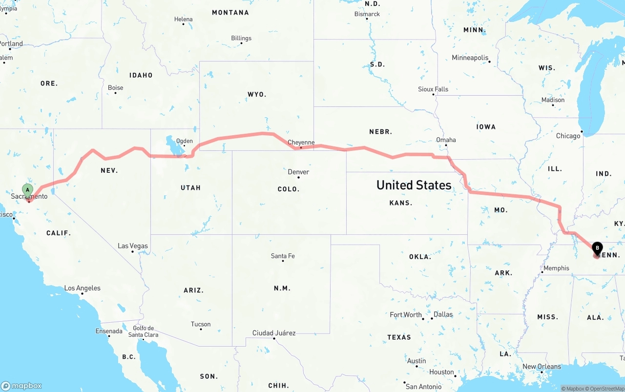 Shipping route from Sacramento International Airport to Tennessee