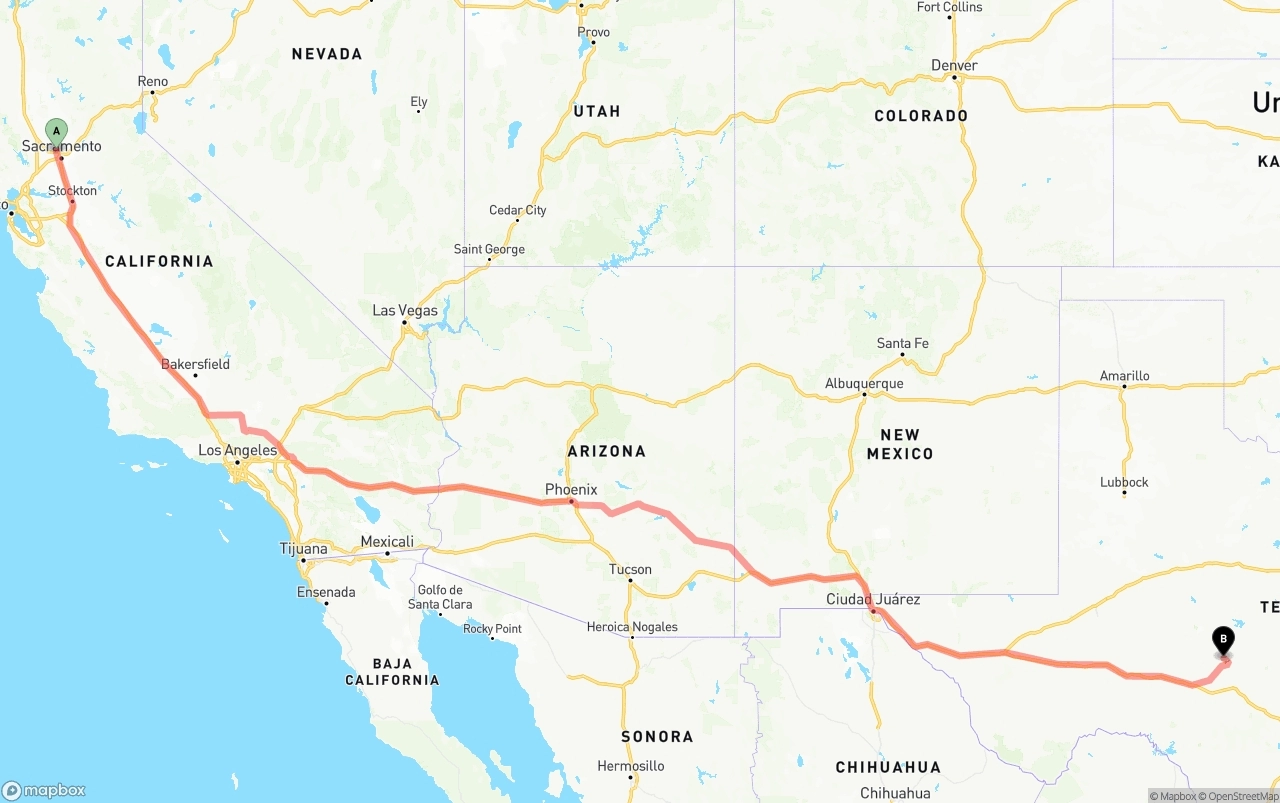 Shipping route from Sacramento International Airport to Texas