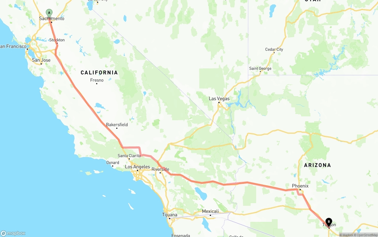 Shipping route from Sacramento International Airport to Tucson