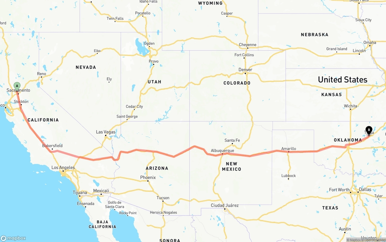 Shipping route from Sacramento International Airport to Tulsa