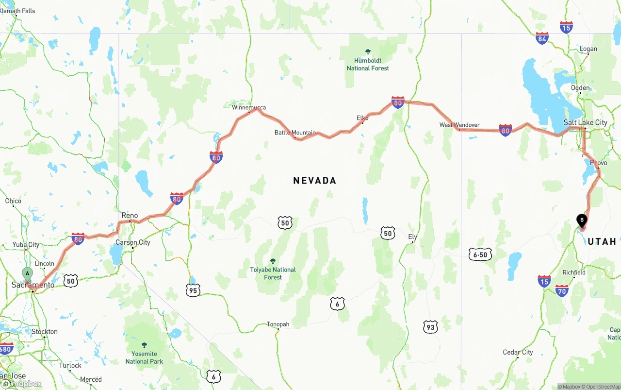 Shipping route from Sacramento International Airport to Utah
