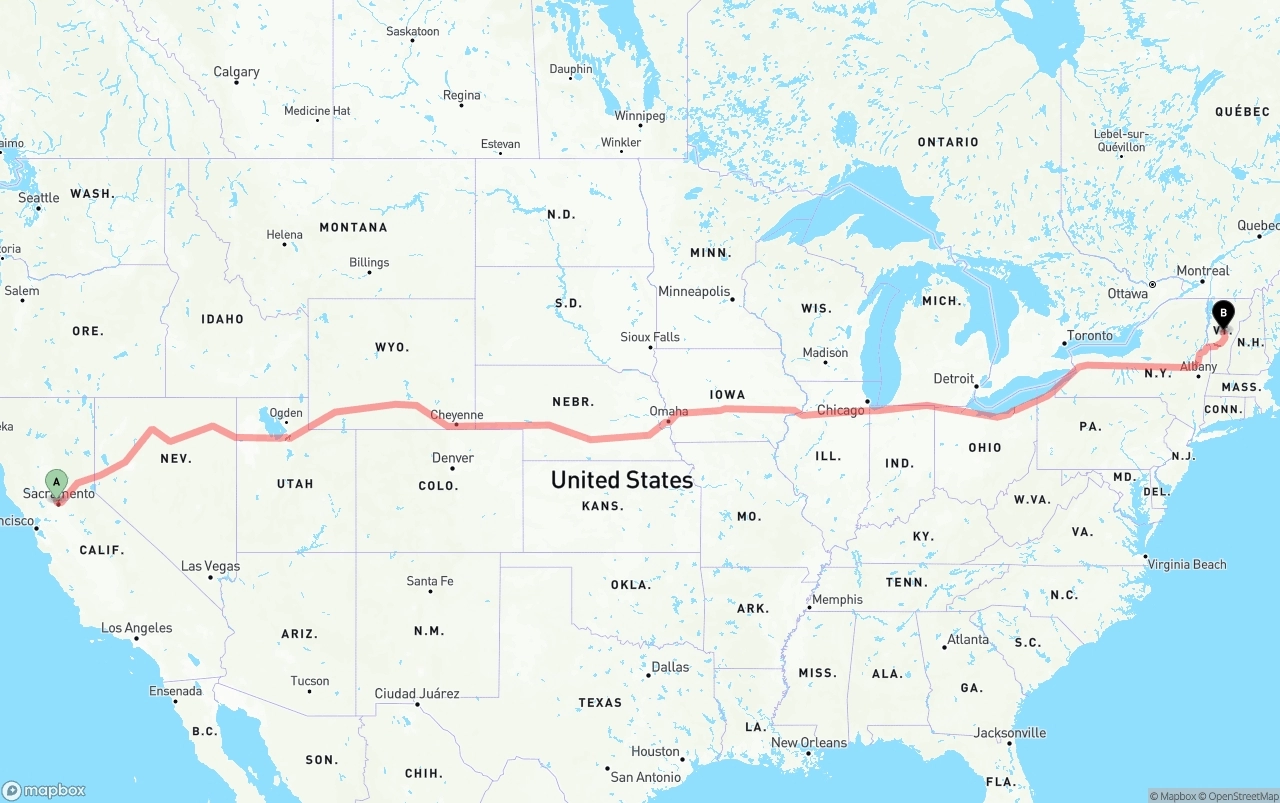 Shipping route from Sacramento International Airport to Vermont