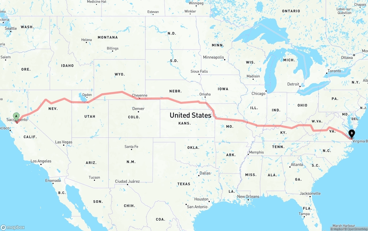 Shipping route from Sacramento International Airport to Virginia Beach