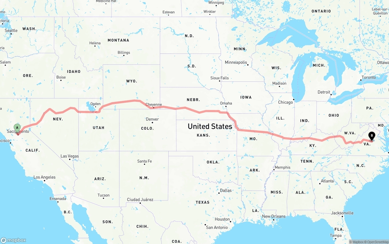 Shipping route from Sacramento International Airport to Virginia