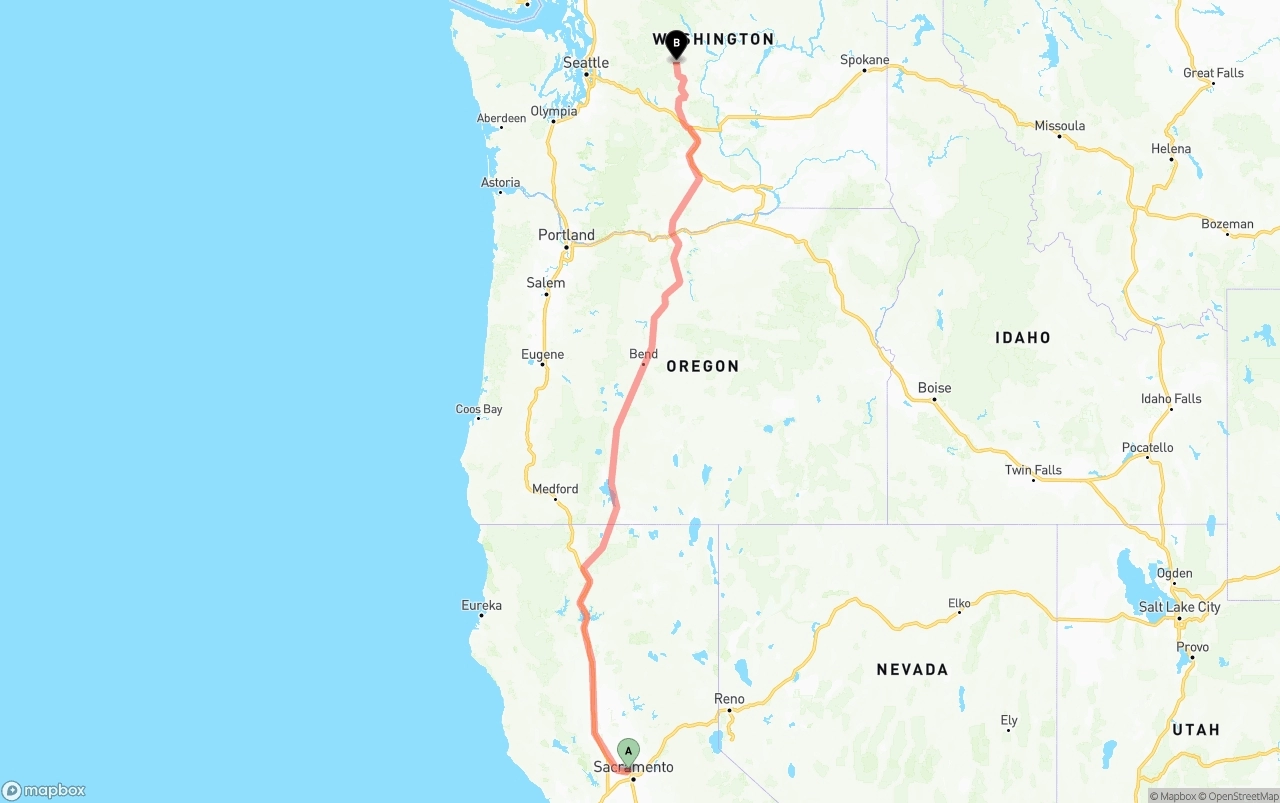 Shipping route from Sacramento International Airport to Washington