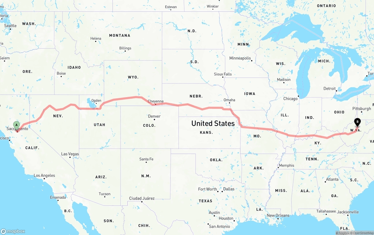 Shipping route from Sacramento International Airport to West Virginia