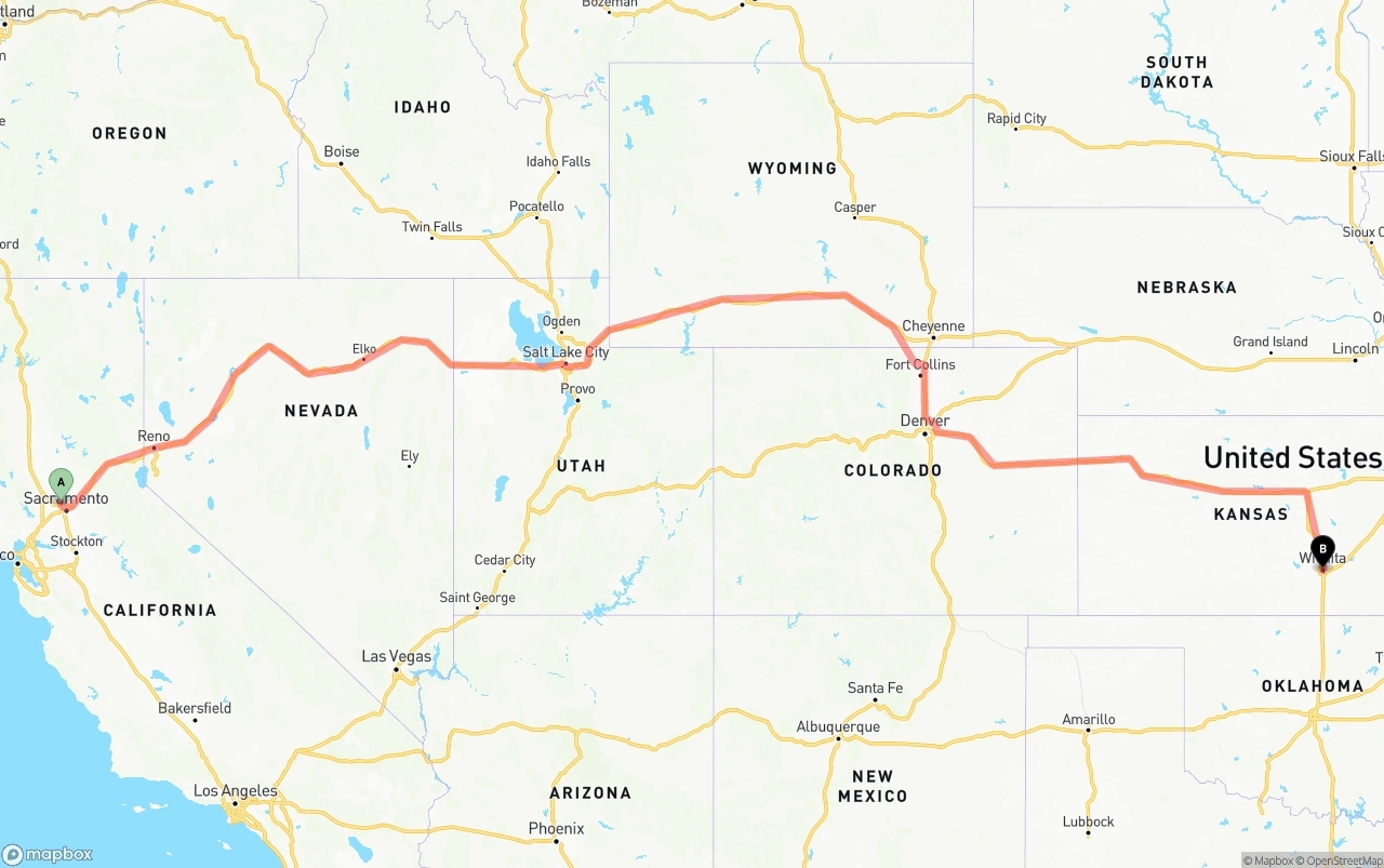 Shipping route from Sacramento International Airport to Wichita