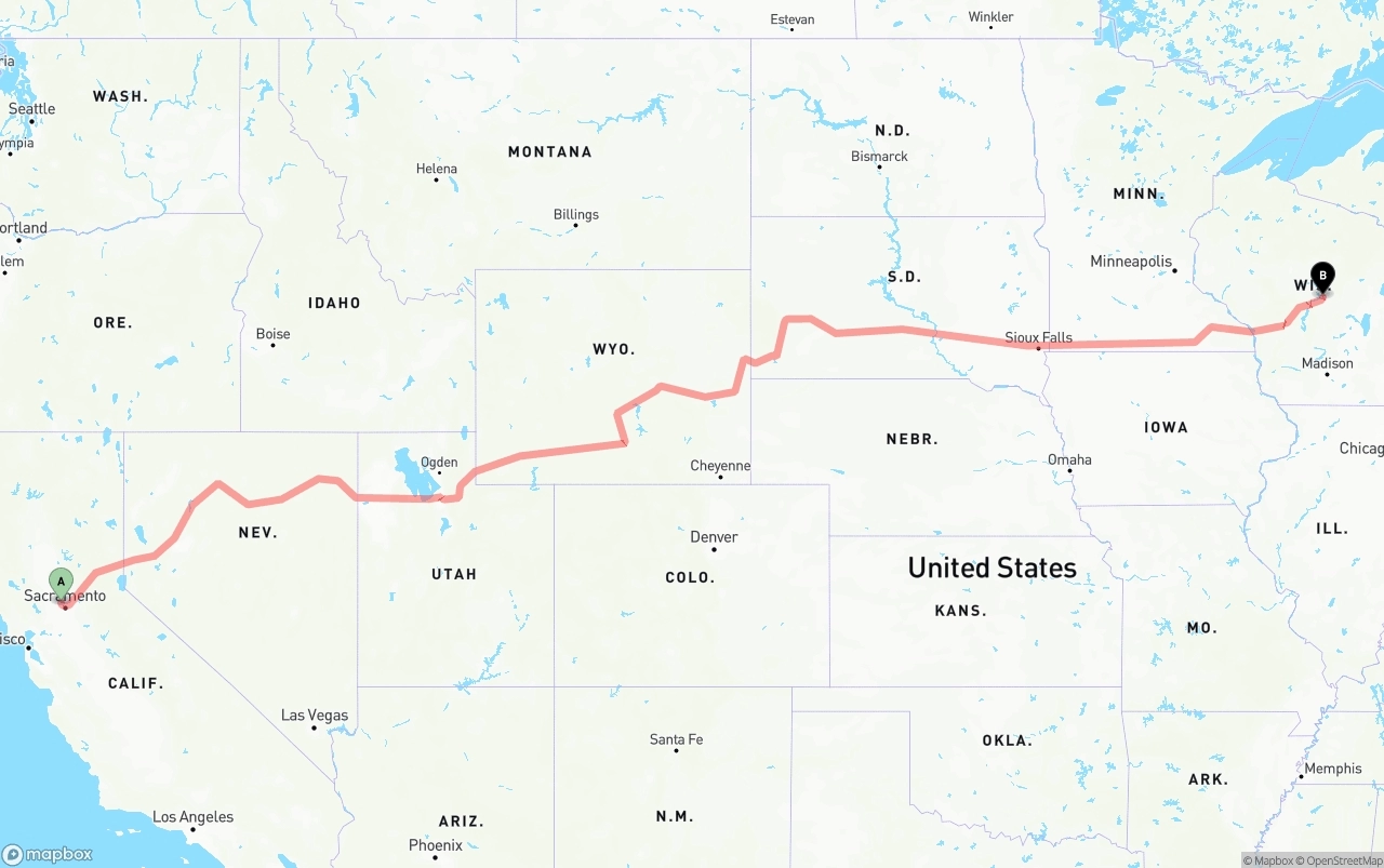 Shipping route from Sacramento International Airport to Wisconsin