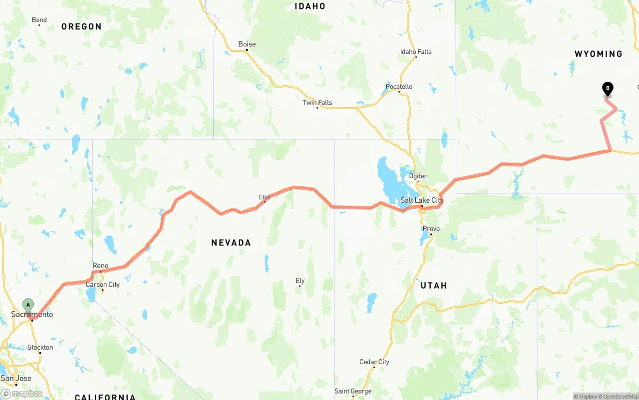 Shipping route from Sacramento International Airport to Wyoming