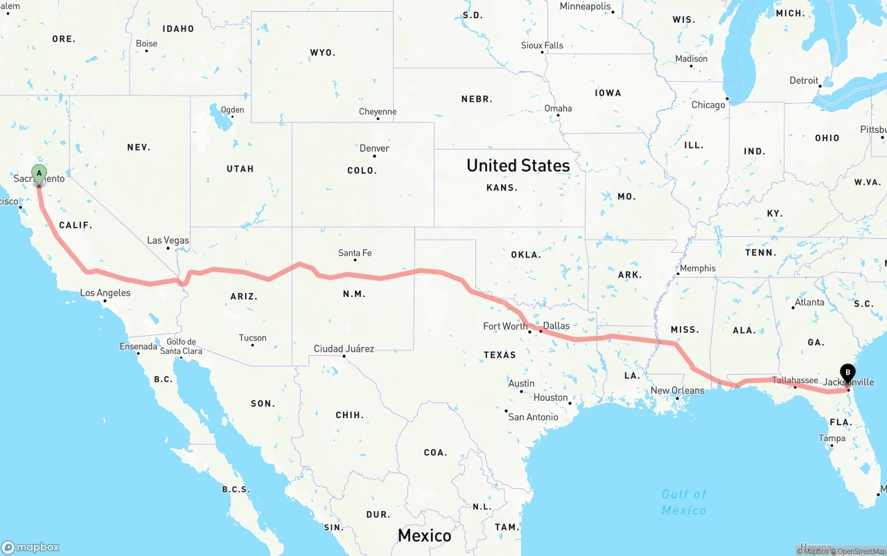 Shipping route from Sacramento to Jacksonville International Airport