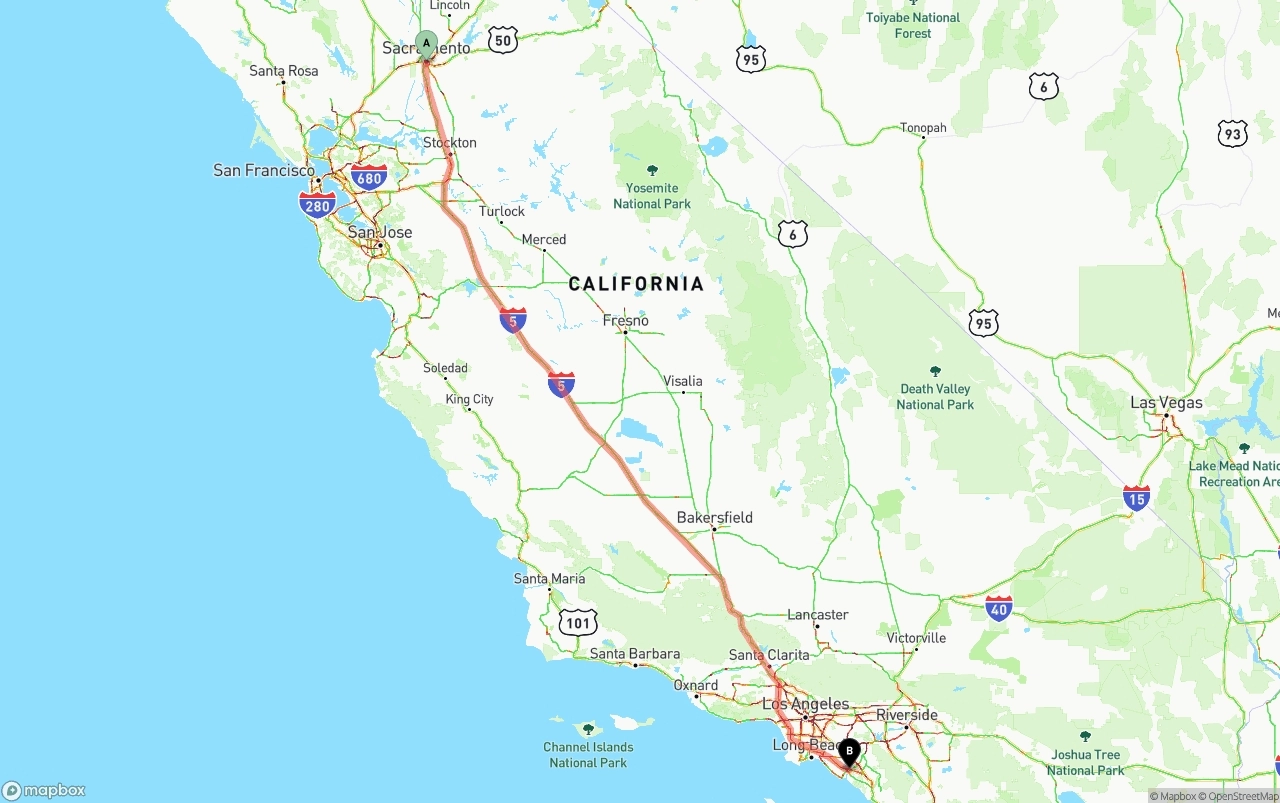 Shipping route from Sacramento to John Wayne Airport — Orange County