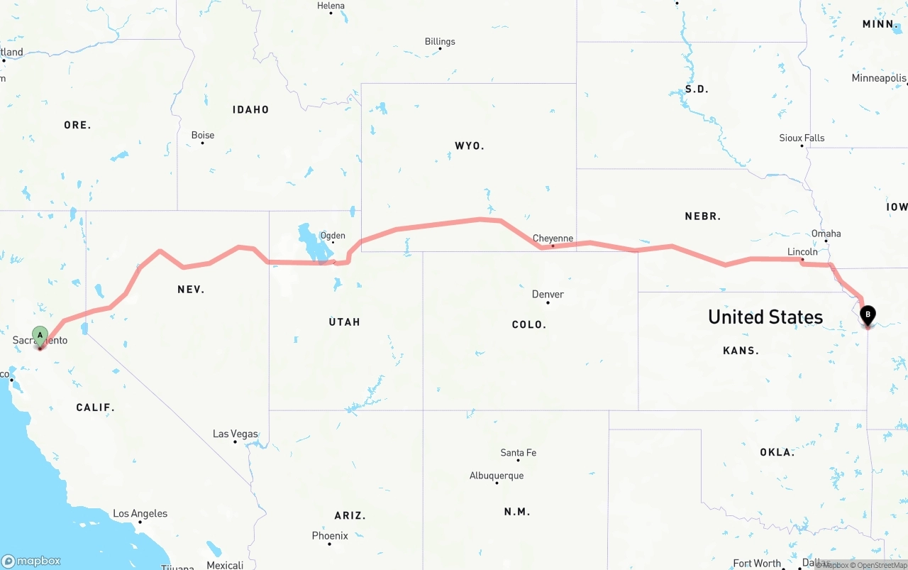 Shipping route from Sacramento to Kansas City